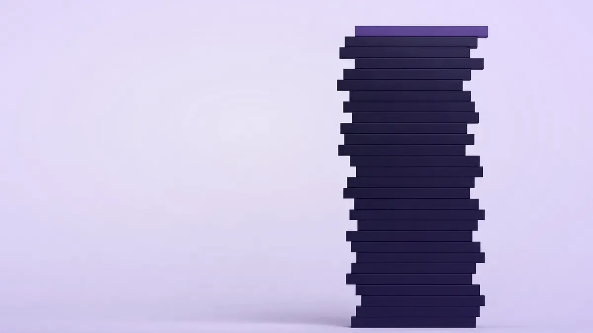 An upward-growing stack of navy bars with the newest in violet, representing an append-only ledger