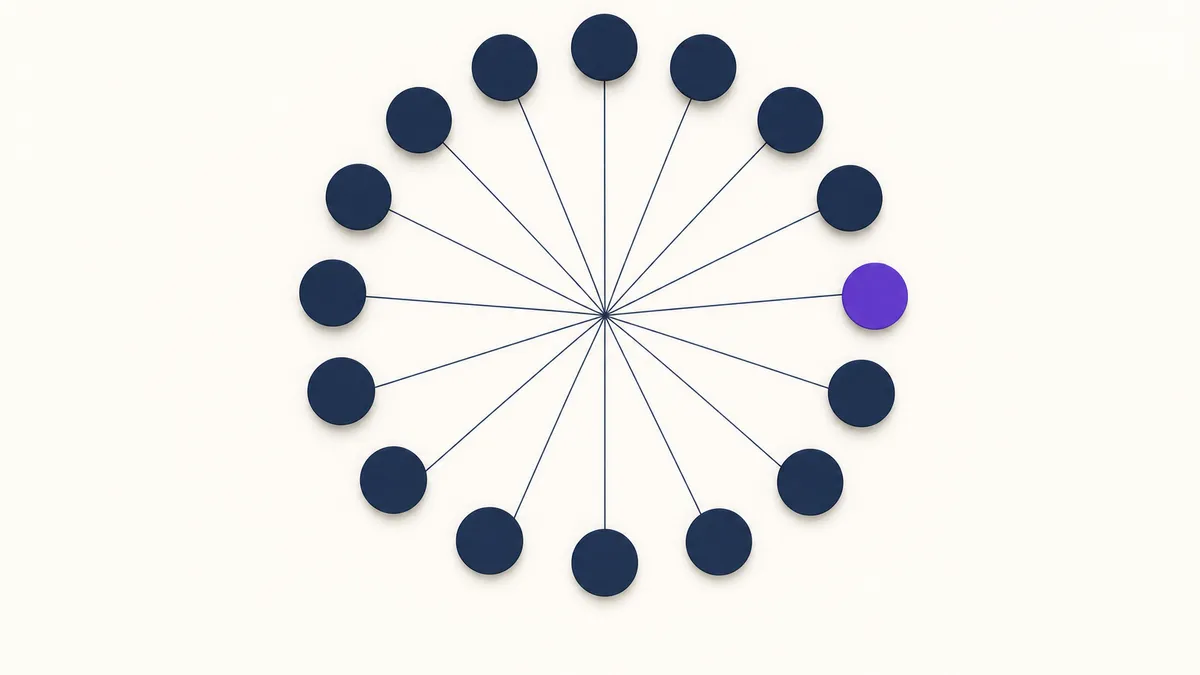 Slender violet arcs forming a sheltering ring around a small circle on a near-white field, suggesting a board holding a line around beneficiaries
