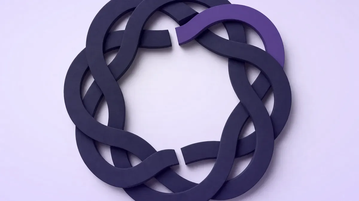 Interlocking navy ring segments enclosing a centre with one violet segment, showing existing rules already binding AI