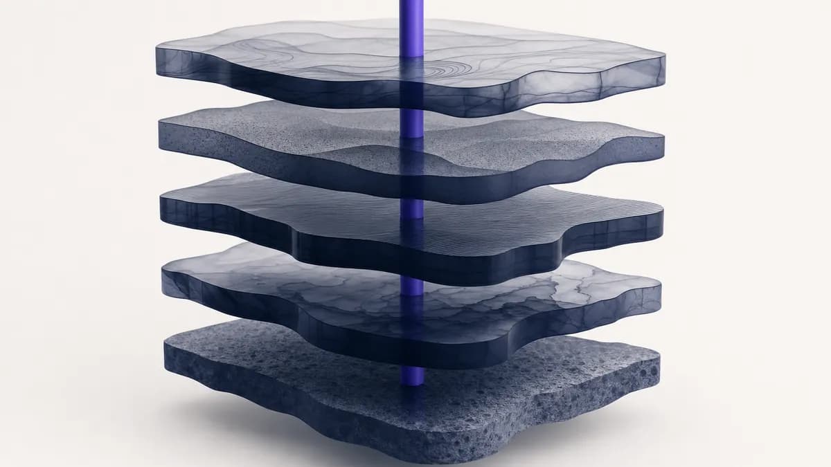 Five horizontal strata on a near-white field, threaded by a single violet line descending from the top layer to the base