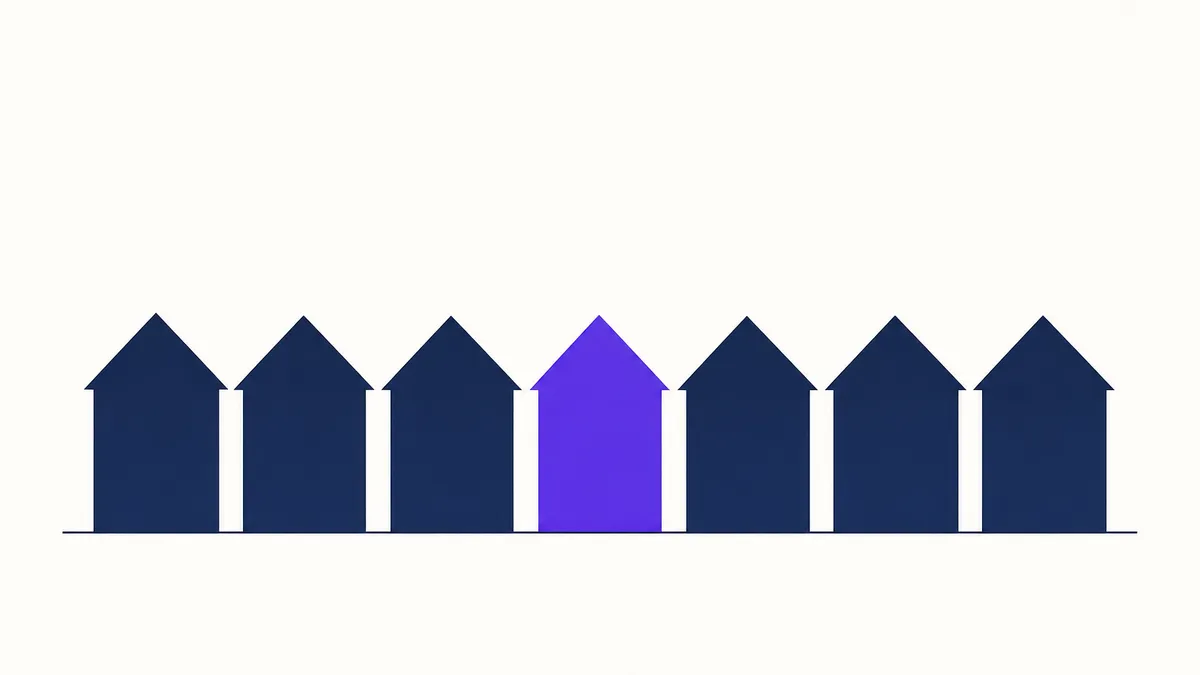 Repeating violet rooflines across a near-white field with one home outlined in deeper violet, suggesting oversight that reaches every tenancy