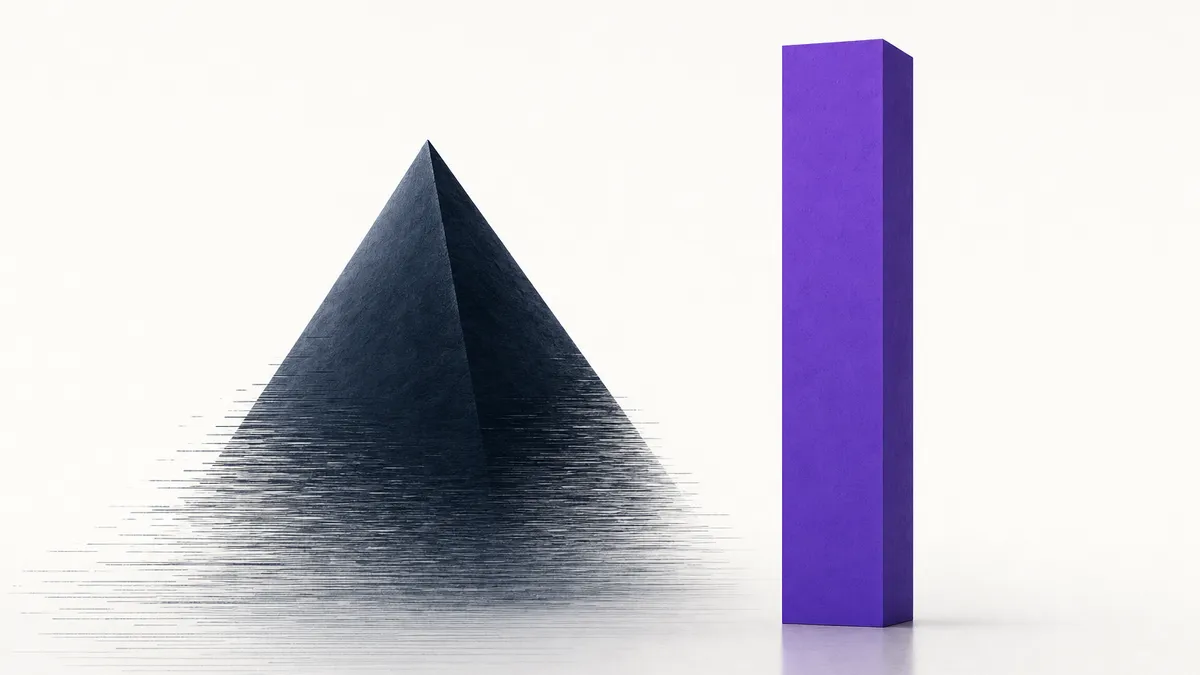 A stepped navy pyramid dissolving at its base into a single slender violet column, on a near-white field