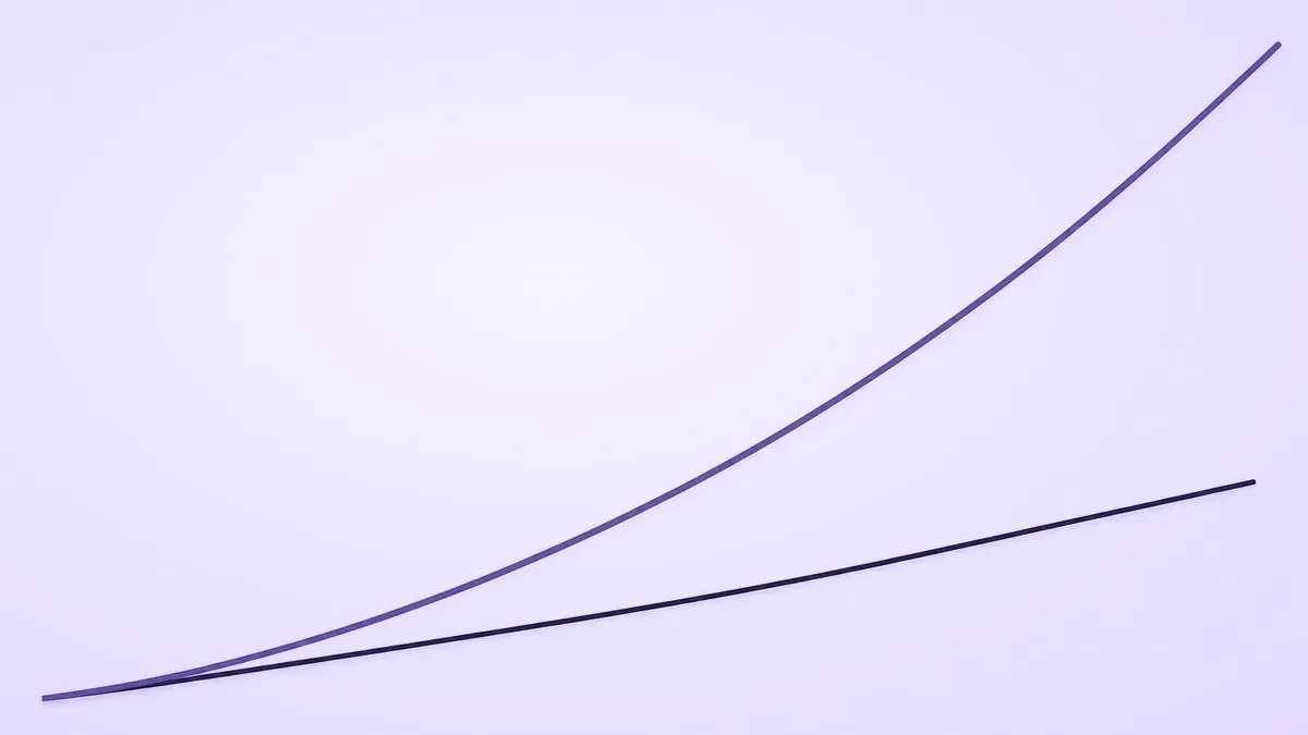 Two ascending navy lines at different gradients, the steeper violet one pulling ahead of the other