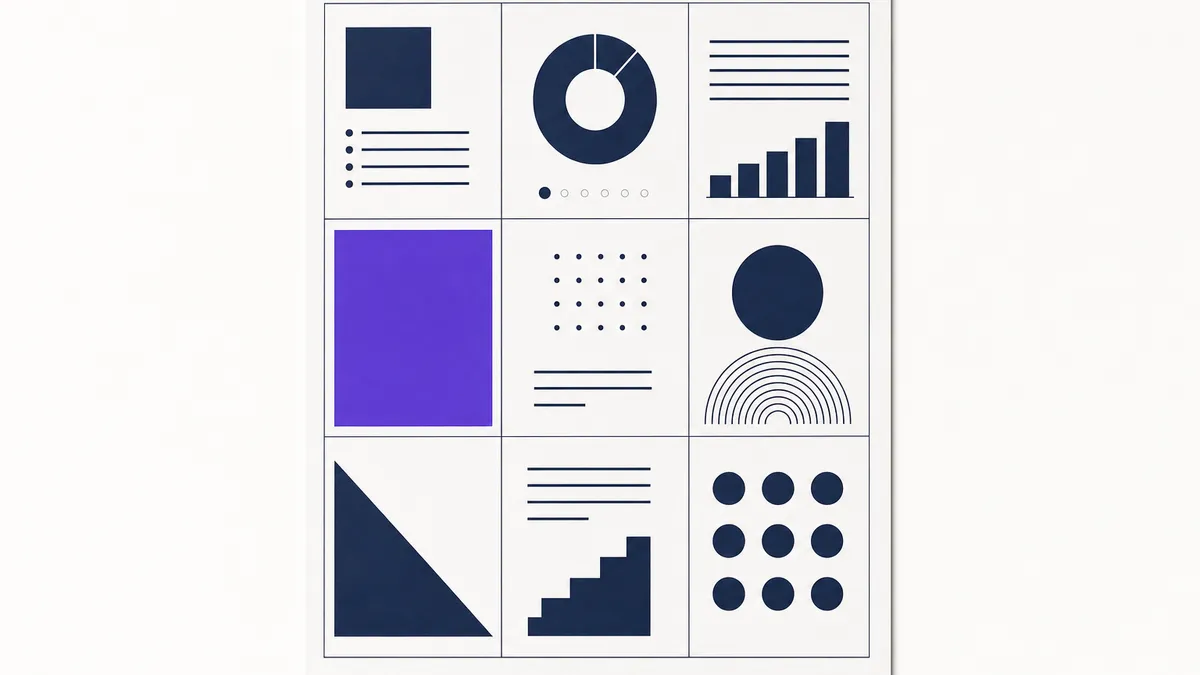 Eight stacked rectangular panels on a near-white field, one traced in violet, suggesting the ordered sections of a policy document