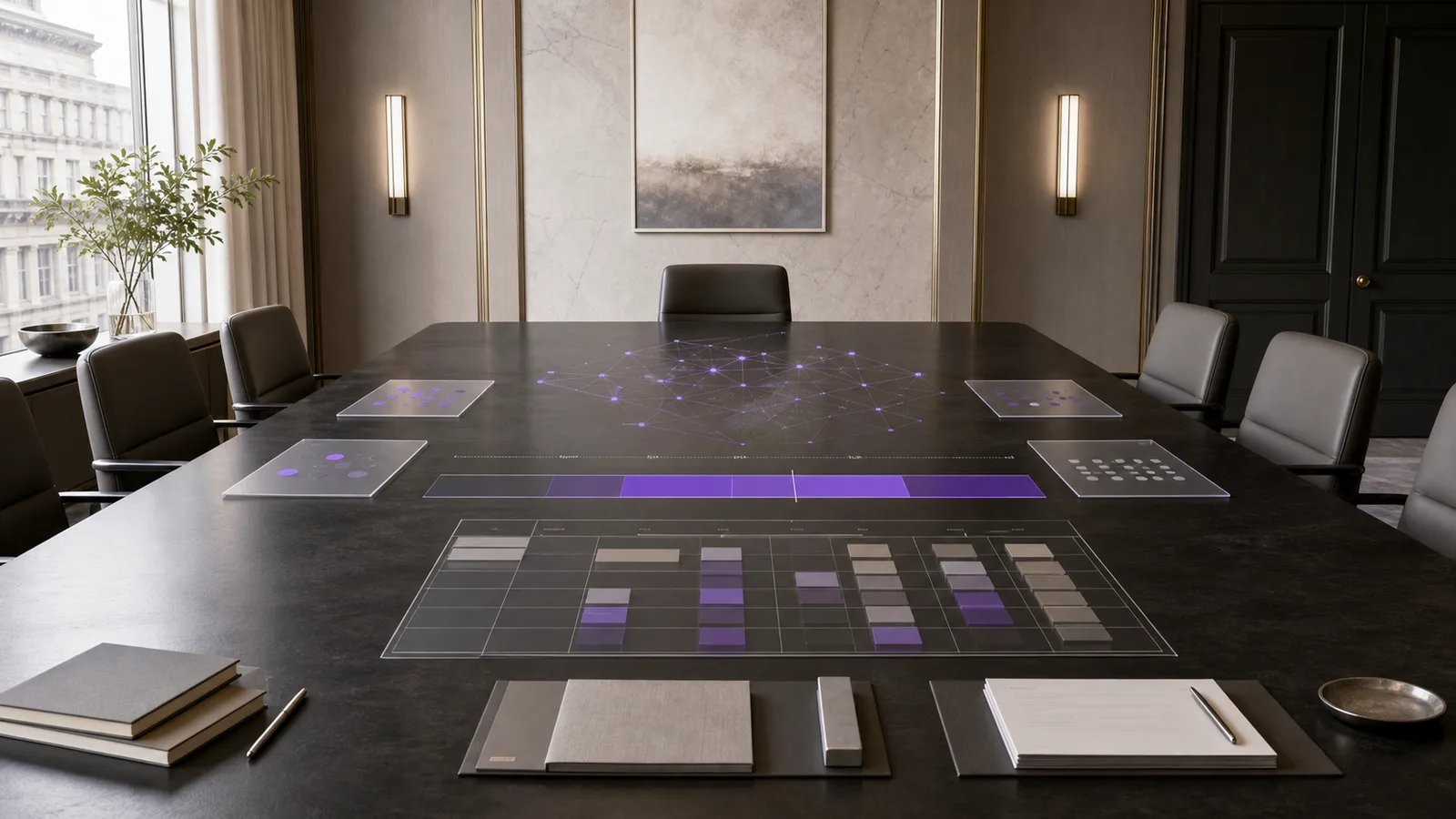 A board table with violet threshold lines separating acceptable, escalated and prohibited AI decisions