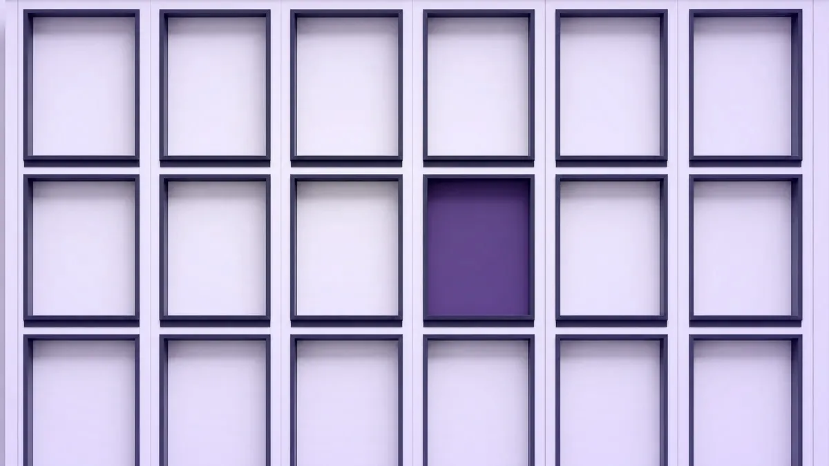 A navy grid of framed openings with one filled in violet, representing a published algorithmic transparency record