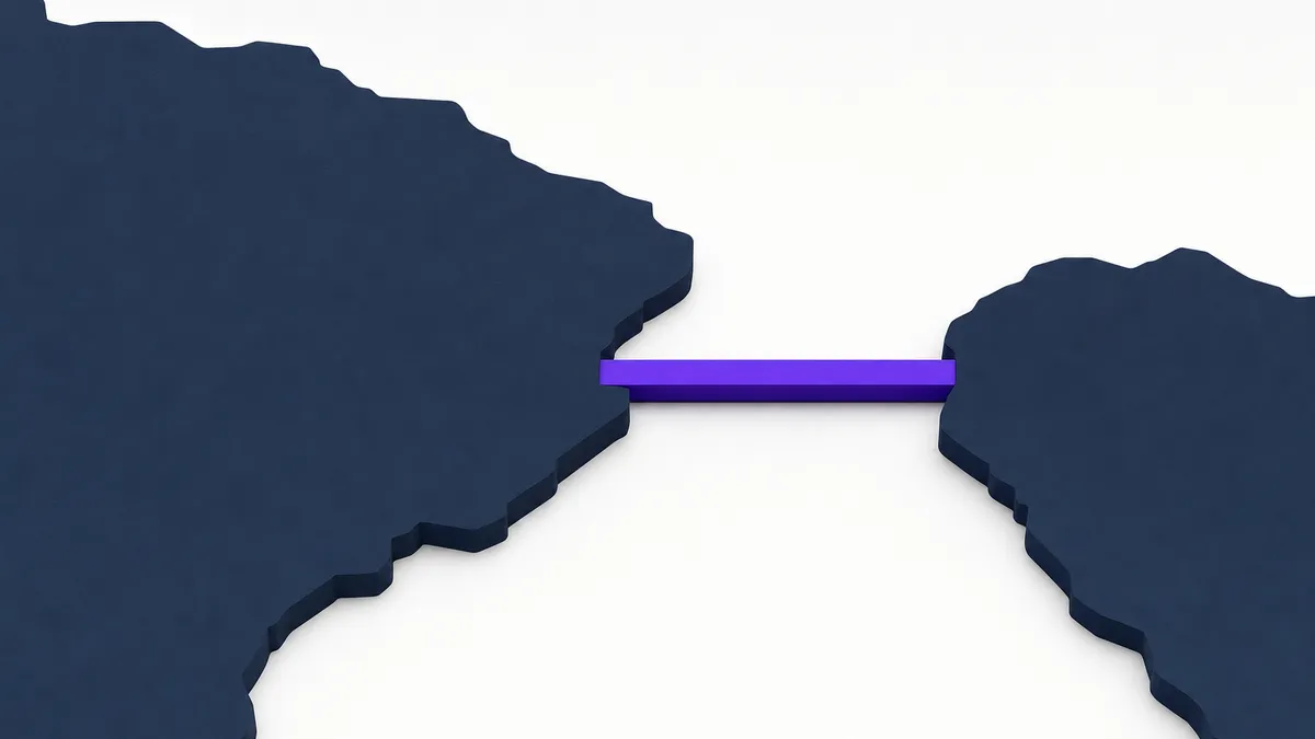 Three violet lines crossing a near-white field towards a single marked boundary, suggesting routes into regulatory scope