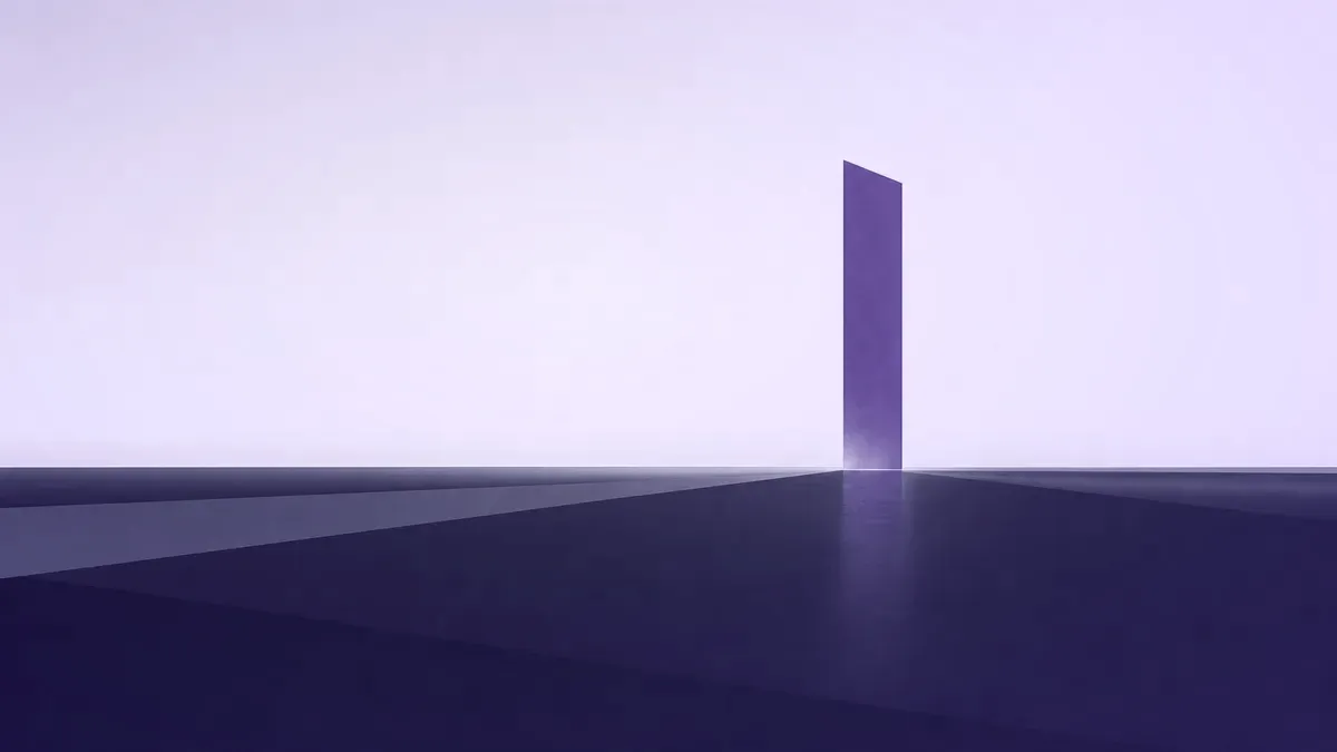 A navy horizon with a single rising violet vertical, marking the arrival of a new age of capability