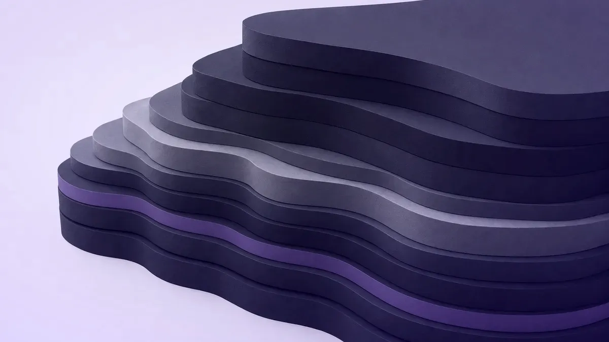 Stacked navy horizontal layers with one violet seam, representing the layered clauses of a management system standard