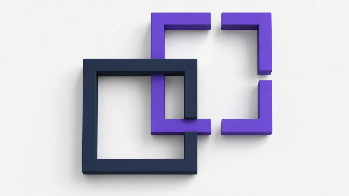 A closed violet square frame interlocking with an open four-segment ring on a near-white field, suggesting a certifiable system holding a risk cycle
