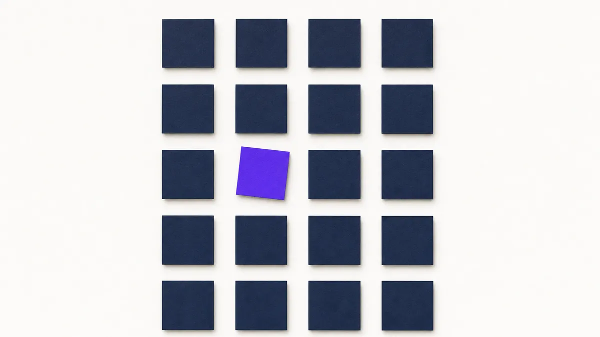 Twenty short violet strokes ranked in five columns on a near-white field, one stroke raised like a hand asking a question