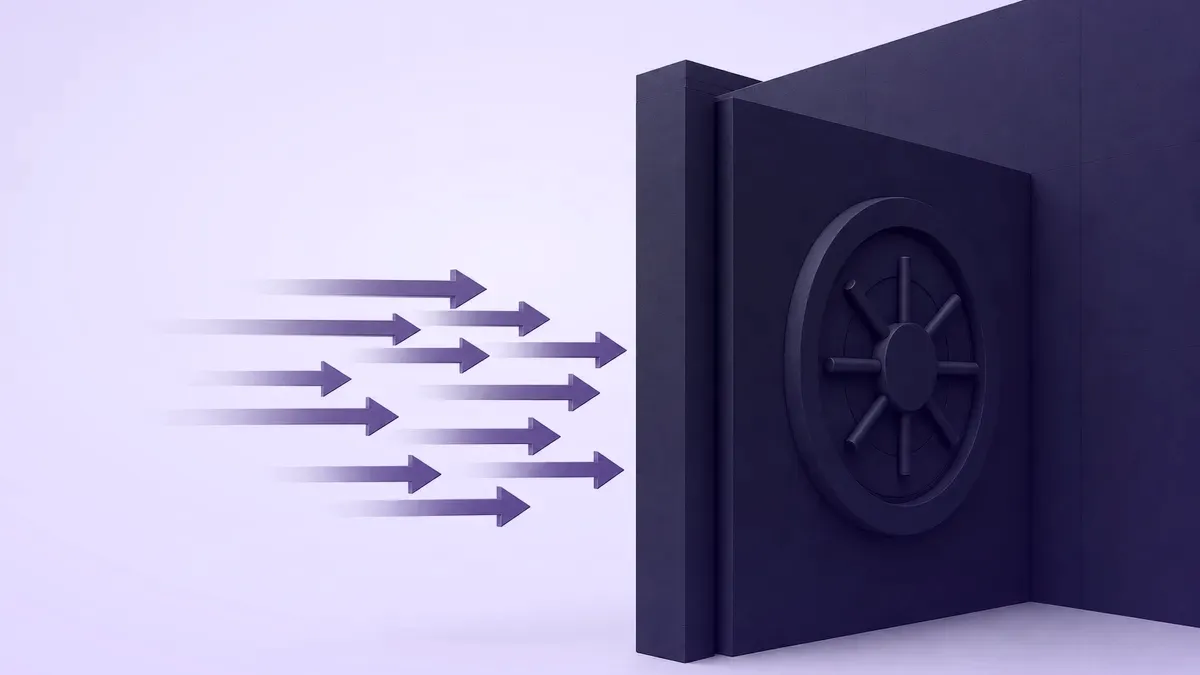 Navy barrier with violet arrows entering but unable to return, representing read-only database access