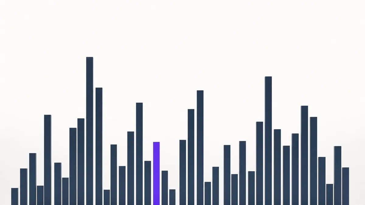 Ten thin vertical bars in shades of violet on a near-white field, one set slightly apart, suggesting a considered comparison rather than a ranking
