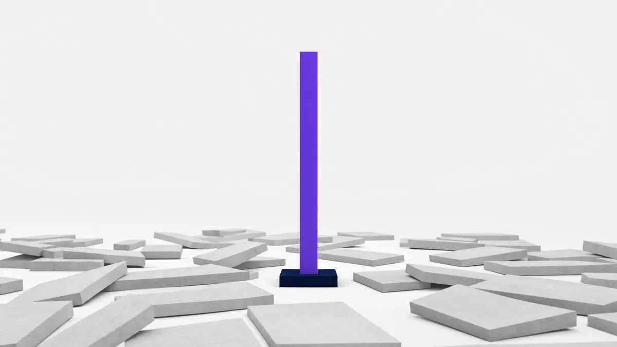 Scattered violet percentage marks across a near-white field, resolving into a single ordered column